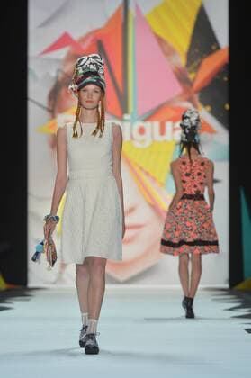 A model walks on the runway at the Desigual Fashion Show at IMG New York Fashion Week: The Shows Spring Summer 2016 Collections in New York City on September 10, 2015.  NYP20150910117 ANDREAxHANKS