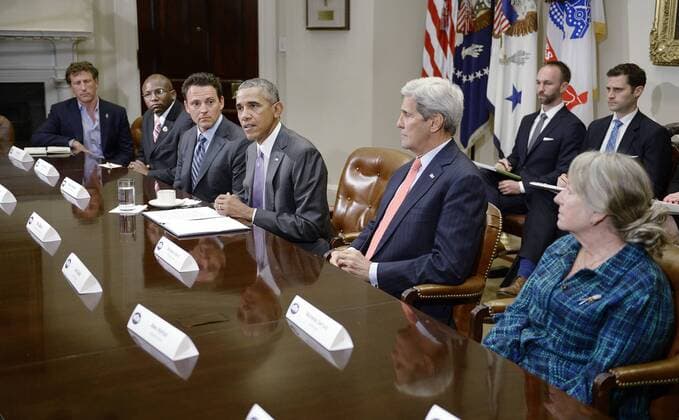 Sept. 10, 2015 - Washington, District of Columbia, United States of America - United States President Barack Obama and US Secretary of State John Kerry, right, meet with a small group of veterans and Gold Star Mothers to discuss the Iran Nuclear deal in the Roosevelt Room of the White House in Washington, DC, September 10, 2015. .Credit: Washington United States of America - ZUMAs152