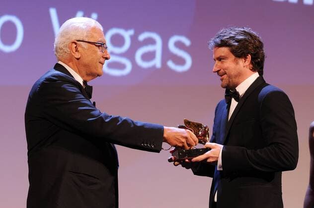 72nd Venice Film Festival, Awards Ceremony Pictured: Lorenzo Vigas, Golden Lion for the best film Desde Alla , Paolo Baratta  AlbertoxTerenghi Veneziax2015