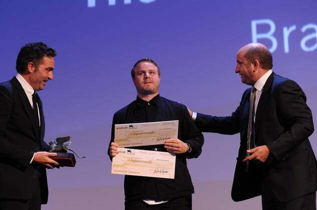72nd Venice Film Festival, Awards Ceremony Pictured: Prize Orizzonti for the best director Brady Corbet for the film The childhood of a leader , Antonio Albanese, Saverio Costanzo  AlbertoxTerenghi Veneziax2015