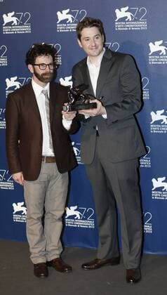 (150912) -- VENICE, Sept. 12, 2015 -- American directors Charlie Kaufman (L) and Duke Johnso pose with the Grand Jury Prize for their movie Anomalisa , as they attend the award winners photocall during the 72nd Venice Film Festival, at the Lido of Venice, Italy, Sept. 12, 2015. ) ITALY-VENICE-FILM-FESTIVAL-72ND-AWARD YexPingfan 