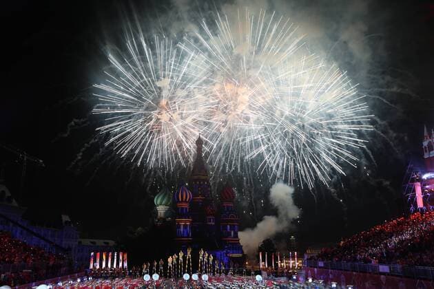 MOSCOW, RUSSIA. SEPTEMBER 13, 2015. Fireworks go off over Moscow s Red Square during the closing ceremony for the 2015 Spasskaya Tower International Military Music Festival. Sergei Bobylev TASS  TS00DA02