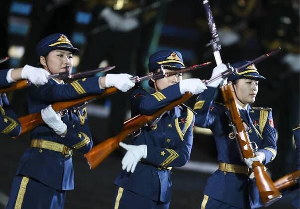 MOSCOW, RUSSIA. SEPTEMBER 13, 2015. Members of China s Band of the People s Liberation Army perform during the closing ceremony for the 2015 Spasskaya Tower International Military Music Festival in Moscow s Red Square. Sergei Bobylev TASS  TS00DA16