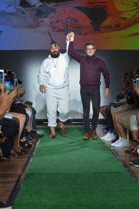 Josh Ostrovsky, aka The Fat Jew , greets the audience just after the finale at a Dad Fashion show held during New York Fashion Week Spring Summer 2016 in New York City on September 16, 2015.  NYP201509162046 ANDREAxHANKS
