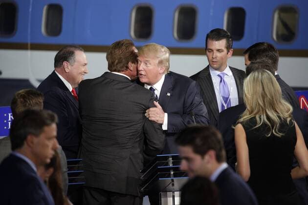 Sept. 16, 2015 - Simi Valley, California, U.S. - DONALD TRUMP hugs ARNOLD SCHWARZENEGGER at the Republican presidential debate hosted by CNN at the Reagan Library. Simi Valley U.S.  - ZUMA