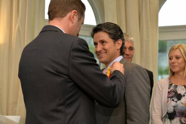 - NAMUR, BELGIUM: Walloon Minister President Paul Magnette and Patrice Cani pictured during the award ceremony for the Merite Wallons by the Walloon Government at the Elysette, in Jambes, Namur, Thursday 17 September 2015.  ERICxLALMAND 04702130
