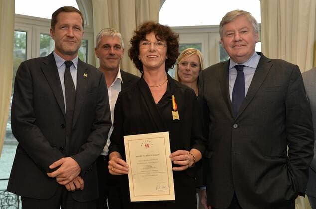 - NAMUR, BELGIUM: Walloon Minister President Paul Magnette, Marie-Elisabethe Faymonville and Federation Wallonia - Brussels Minister of Higher Education, Research and Media Jean-Claude Marcourt pictured during the award ceremony for the Merite Wallons by the Walloon Government at the Elysette, in Jambes, Namur, Thursday 17 September 2015.  ERICxLALMAND 04702131