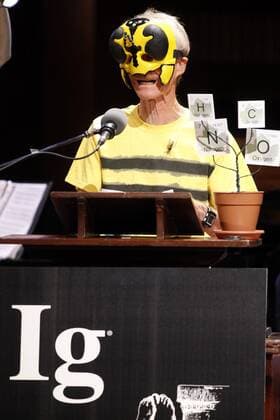 Justin Schmidt gives a speech after accepting the 2015 Ig Nobel Prize in Physiology and Entomology for his work in creating the Schmidt Sting Pain Index which rates the relative pain people feel when stung by various insects at the awards ceremony at Harvard University in Cambridge, Massachusetts on September 17, 2015. The prizes which are awarded by the Annals of Improbable Research are intended to celebrate the unusual, honor the imaginative and spur people s interest in science, medicine, and technology.  BOS2015091712 MATTHEWxHEALEY