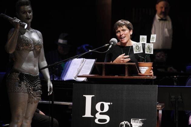 Elisabeth Oberzaucher accepts her team s 2015 Ig Nobel Prize in Mathematics for her work in trying to use mathematical techniques to determine whether and you Moula Ismael the Bloodthirsty, the Shharifian Emperor of Morocco, managed during the years from 1697 through 1727, to father 888 children, at the awards ceremony at Harvard University in Cambridge, Massachusetts on September 17, 2015. The prizes which are awarded by the Annals of Improbable Research are intended to celebrate the unusual, honor the imaginative and spur people s interest in science, medicine, and technology.  BOS2015091713 MATTHEWxHEALEY