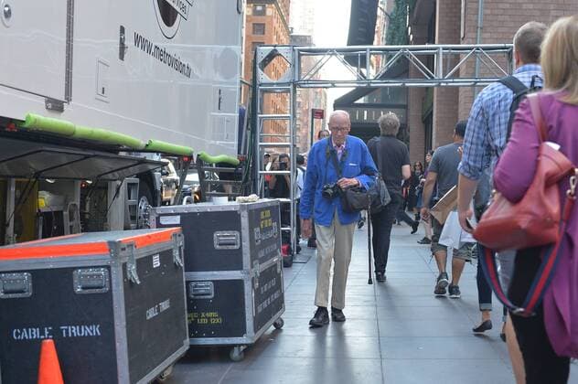 Bill Cunningham approaches The Ziegfeld Theater just before the Marc Jacobs Runway Collection for Spring Summer 2016 is presented during New York Fashion Week in New York City on September 17, 2015.  NYP201509172115 ANDREAxHANKS