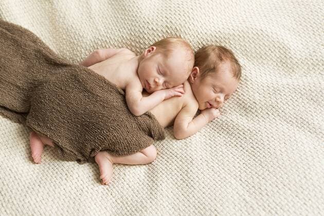 Newborn twins covered with a cloth sleeping on blanket model released Symbolfoto  SHKF000339
