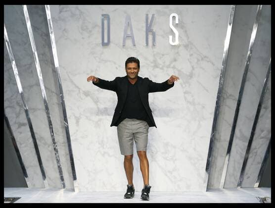 . 18 09 2015. London, United Kingdom. DAKS designer at end of the DAKS show at London Fashion Week S S 2016-Day One.  xStephenxLockx xi-Imagesx IIM-11059-0004