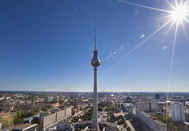 Germany, Berlin, Berlin-Mitte, Cityview against the sun, Berlin TV Tower  HSIF000367