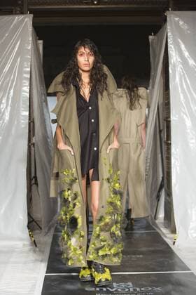 London, UK. 19 09 2015. Runway show of designer James Kelly at Fashion Scout during London Fashion Week. The designs feature moss and fine feathers. London Fashion Week, James Kelly at Fashion Scout, London, UK 
