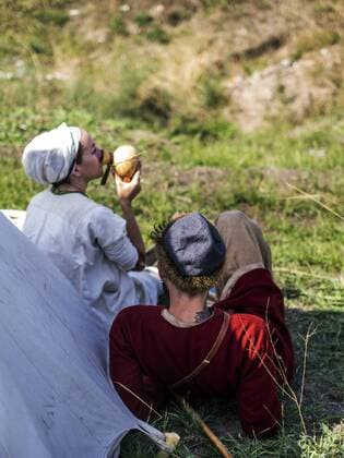 Sept. 19, 2015 - Enactors in medieval clothes resting near the tent -- In the historical festival Civilization in Kiev, Ukraine have been replicated the history of revolutions, way of life and the atmosphere of centuries since antiquity and the middle of the twentieth century - ZUMAg154