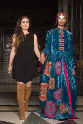 London, UK. 19 09 2015. Designer Maral Yazarloo with a model on the runway. Runway show of designer Maral Yazarloo for Maral - House of Middle East and Asia at Fashion Scout during London Fashion Week. London Fashion Week, Maral at Fashion Scout, London, UK 