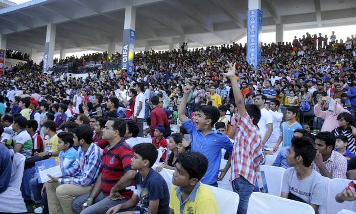 GURGAON, INDIA - SEPTEMBER 20: People during the HT GIFA (Hindustan Times Great Indian Football Action) grand opening ceremony event in Tau Devi Lal stadium, on September 20, 2015 in Gurgaon, India. HT GIFA organized to encourage and kickstart an event that promises to be the perfect launch pad for some promising football talent of the Delhi-NCR and Gurgaon region. (Photo by Parveen Kumar Hindustan Times ) Hindustan Times Great Indian Football Action Opening Ceremony In Gurgaon