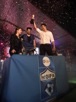 GURGAON, INDIA - SEPTEMBER 20: Bollywood actors Akshay Kumar, Amy Jackson and Manish Paul during the HT GIFA (Hindustan Times Great Indian Football Action) grand opening ceremony event in Tau Devi Lal stadium, on September 20, 2015 in Gurgaon, India. HT GIFA organized to encourage and kickstart an event that promises to be the perfect launch pad for some promising football talent of the Delhi-NCR and Gurgaon region. (Photo by Vipin Kumar Hindustan Times ) Hindustan Times Great Indian Football Action Opening Ceremony In Gurgaon