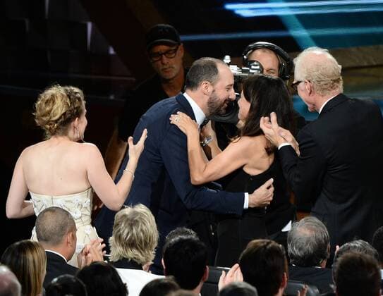 Actor Tony Hale and actress Julia Louis-Dreyfus during the 67th Primetime Emmy Awards in the Microsoft Theater in Los Angeles on September 20, 2015.  LAP20150920656 KENxMATSUI
