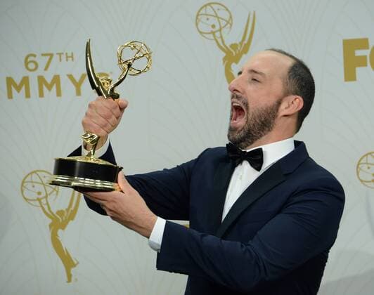Actor Tony Hale holds his Emmy for Outstanding Supporting Actor in a Comedy Series at the 67th Primetime Emmy Awards in the Microsoft Theater in Los Angeles on September 20, 2015.  LAP2015092157 JIMxRUYMEN