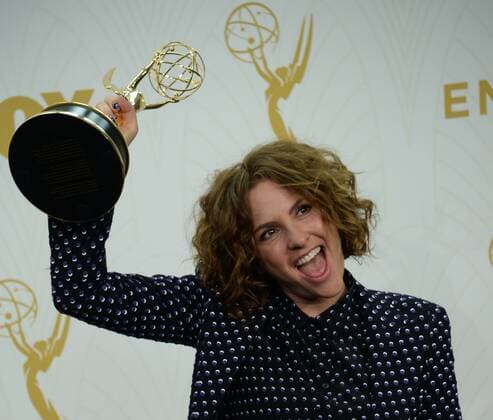 Writer director Jill Soloway holds the Emmy for Outstanding Directing for a Comedy Series for Transparent at the 67th Primetime Emmy Awards in the Microsoft Theater in Los Angeles on September 20, 2015.  LAP2015092190 JIMxRUYMEN