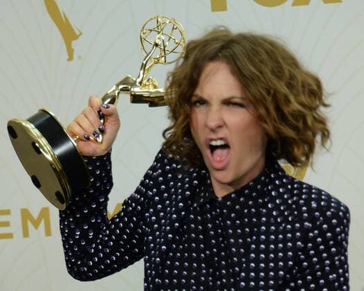 Writer director Jill Soloway holds the Emmy for Outstanding Directing for a Comedy Series for Transparent at the 67th Primetime Emmy Awards in the Microsoft Theater in Los Angeles on September 20, 2015.  LAP2015092193 JIMxRUYMEN
