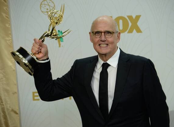 Jeffrey Tambor holds his Emmy for Lead Actor in a Comedy Series for playing Maura Pfefferma in Transparent at the 67th Primetime Emmy Awards in the Microsoft Theater in Los Angeles on September 20, 2015.  LAP2015092207 JIMxRUYMEN