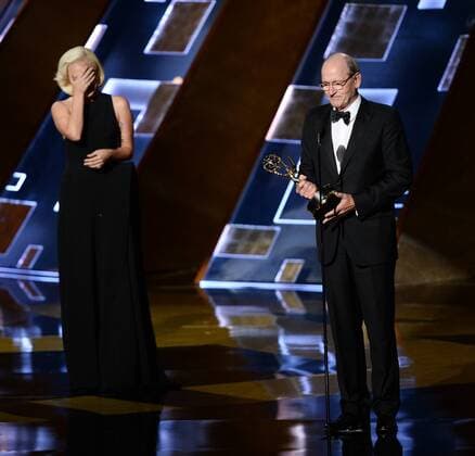 Actor Richard Jenkins (L) accepts the award for Outstanding Lead Actor in a Limited Series or Movie for Olive Kitteridge onstage during the 67th Primetime Emmy Awards in the Microsoft Theater in Los Angeles on September 20, 2015.  LAP20150920741 KENxMATSUI