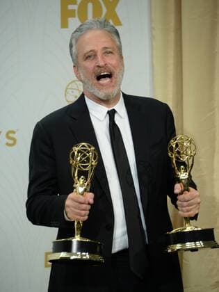 Jon Stewart of The Daily Show with Jon Stewart , holds his Emmys for Outstanding Variety Talk Series and Outstanding Writing for a Variety Series at the 67th Primetime Emmy Awards in the Microsoft Theater in Los Angeles on September 20, 2015.  LAP2015092217 JIMxRUYMEN