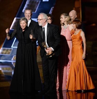 Producer Gary Goetzman (C) with director Lisa Cholodenko, actresses Frances McDormand and Zoe Kazan, writer Jane Anderson and crew accept the award for Outstanding Limited Series for Olive Kitteridge during the 67th Primetime Emmy Awards in the Microsoft Theater in Los Angeles on September 20, 2015.  LAP20150920750 KENxMATSUI