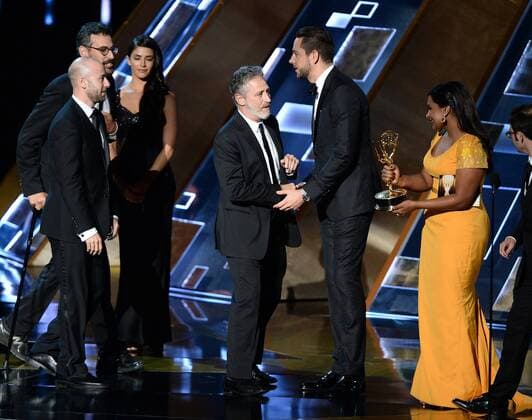 TV personality Jon Stewart accepts the award for Outstanding Variety Talk Series for The Daily Show with Jon Stewart during the 67th Primetime Emmy Awards in the Microsoft Theater in Los Angeles on September 20, 2015.  LAP20150920758 KENxMATSUI