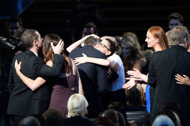 Writer producers David Benioff and D.B. Weiss and cast and crew win the award for Outstanding Drama Series for Game of Thrones during the 67th Primetime Emmy Awards in the Microsoft Theater in Los Angeles on September 20, 2015.  LAP20150920788 KENxMATSUI