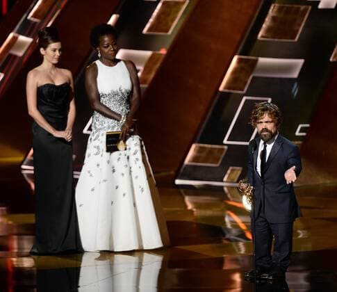 Actor Peter Dinklage accepts the award for Outstanding Supporting Actor in a Drama Series for Game of Thrones onstage during the 67th Primetime Emmy Awards in the Microsoft Theater in Los Angeles on September 20, 2015.  LAP20150920824 KENxMATSUI