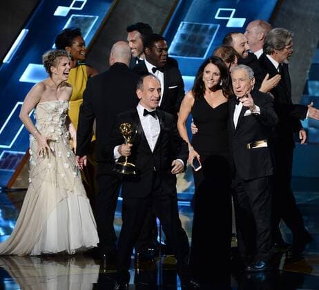 Writer producer Armando Iannucci (C), actress Julia Luis-Dreyfus, entertainer Mel Brooks with cast and crew accept the award for the Outstanding Comedy Series for Veep onstage during the 67th Primetime Emmy Awards in the Microsoft Theater in Los Angeles on September 20, 2015.  LAP20150920790 KENxMATSUI