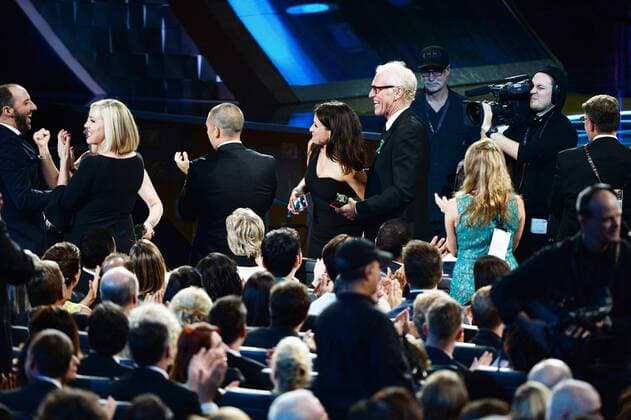 Writer producer Armando Iannucci, actress Julia Luis-Dreyfus with cast and crew win the award for the Outstanding Comedy Series for Veep onstage during the 67th Primetime Emmy Awards in the Microsoft Theater in Los Angeles on September 20, 2015.  LAP20150920795 KENxMATSUI