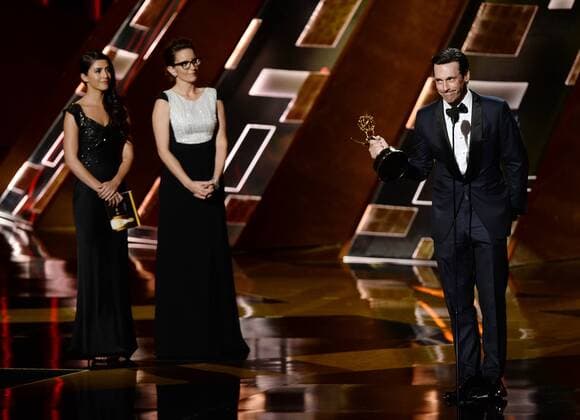 Actor Jon Hamm accepts the award for Outstanding Lead Actor in a Drama Series for Mad Men onstage during the 67th Primetime Emmy Awards in the Microsoft Theater in Los Angeles on September 20, 2015.  LAP20150920820 KENxMATSUI