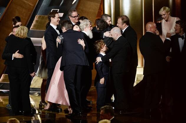 Writer producers David Benioff and D.B. Weiss and cast and crew accept the award for Outstanding Drama Series for Game of Thrones onstage during the 67th Primetime Emmy Awards in the Microsoft Theater in Los Angeles on September 20, 2015.  LAP20150920789 KENxMATSUI