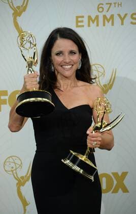 Actress Julia Louis-Dreyfus, holds her Emmy Awards for Outstanding Lead Actress in a Comedy Series for Veep and Outstanding Comedy Series for Veep , at the 67th Primetime Emmy Awards in the Microsoft Theater in Los Angeles on September 20, 2015.  LAP20150920237 JIMxRUYMEN