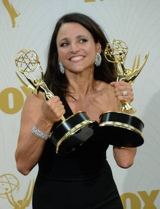 Actress Julia Louis-Dreyfus, holds her Emmy Awards for Outstanding Lead Actress in a Comedy Series for Veep and Outstanding Comedy Series for Veep , at the 67th Primetime Emmy Awards in the Microsoft Theater in Los Angeles on September 20, 2015.  LAP20150920240 JIMxRUYMEN
