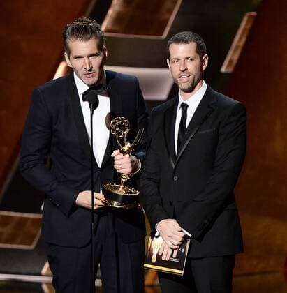 Writers David Benioff (L) and D.B. Weiss accept the award for Outstanding Writing for a Drama Series for Game of Thrones onstage during the 67th Primetime Emmy Awards in the Microsoft Theater in Los Angeles on September 20, 2015.  LAP20150920837 KENxMATSUI