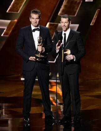 Writers David Benioff (L) and D.B. Weiss accept the award for Outstanding Writing for a Drama Series for Game of Thrones onstage during the 67th Primetime Emmy Awards in the Microsoft Theater in Los Angeles on September 20, 2015.  LAP20150920838 KENxMATSUI