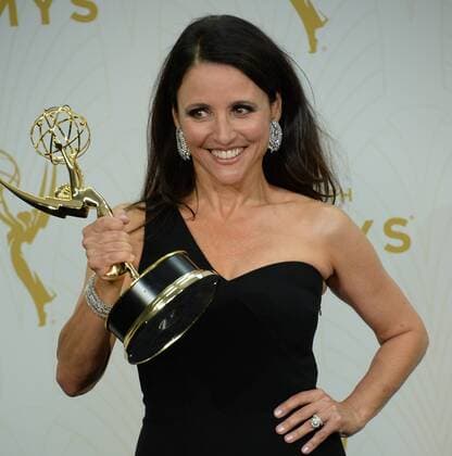 Julia Louis-Dreyfus holds her Emmy Award for outstanding lead actress in a comedy series for her portrayal of Selina Meyer on Veep at the 67th Primetime Emmy Awards in the Microsoft Theater in Los Angeles on September 20, 2015.  LAP20150920171 JIMxRUYMEN