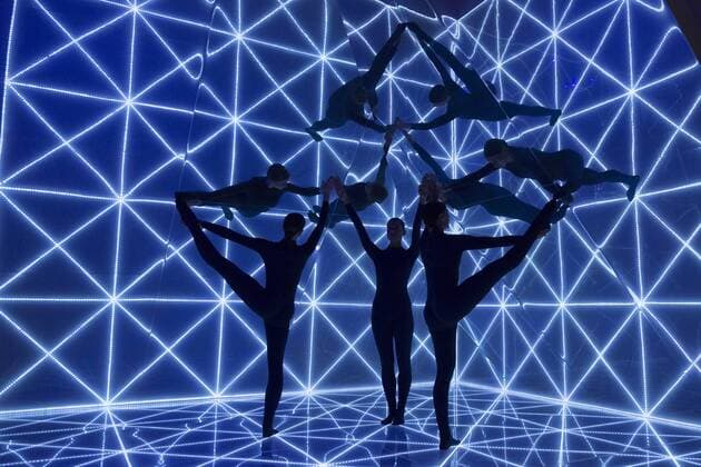 London, UK. 22 09 2015. Three dancers perform at the London Fashion Week runway show of British accessories and handbag designer Anya Hindmarch at Lindley Hall. London Fashion Week, Anya Hindmarch, London, UK 