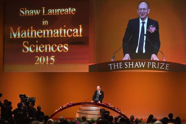 (150924) -- HONG KONG, Sept. 24, 2015 -- Professor Gerd Faltings, winner of the Shaw Prize in Mathematical Sciences, speaks at the presentation ceremony of the annual Shaw Prize in Hong Kong, south China, Sept. 24, 2015. A presentation ceremony of the annual Shaw Prize was held Thursday in Hong Kong, with five U.S. and German scientists commended for their prominent work in astronomy, life science and medicine, and mathematical science. ) (zkr) CHINA-HONG KONG-SHAW PRIZE(CN) WuxYongjian