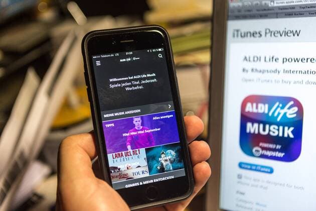 Symbolfoto: Aldi Life Musik, powered by Napster. Mit einem Angebot zum Kampfpreis wollen der Streaming-Dienst und der Discounter den deutschen Markt für Musik aus dem Netz aufmischen. Das Aldi-Angebot ist zwei Euro günstiger als die ähnlichen Dienste von Unternehmen wie Spotify und Apple.