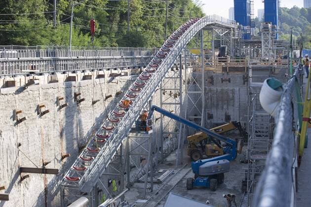 Sept. 24, 2015 - Toronto, ON, Canada - TORONTO, ON - SEPTEMBER 24 - One of two conveyers are under construction at the site where two large boring machines on Eglinton Ave. East will soon begin boring toward Yonge St. The conveyers will remove the material bored out from the tunnel. The Crosstown is a light rail transit (LRT) line that will run across Eglinton Avenue between Mount Dennis (Weston Road) and Kennedy Station. This 19-kilometre corridor will include a 10-kilometre underground portion, between Keele Street and Laird Drive. September 24, 2015. Toronto Canada  - ZUMAt14_