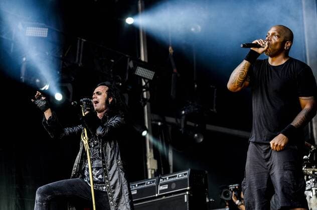 RIO DE JANEIRO, Brazil - 09 25 2015: ROCK IN RIO 2015 - The MOONSPELL + DERRICK GREEN Band performs at Sunset Stage on five days of the festival, during Rock in Rio 2015.  MarceloxCortes