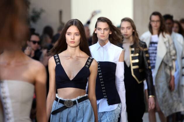 Models takes to the catwalk at the end of the presentation of Each x Other s collection as part of the 2016 Spring-Summer ready-to-wear Fashion Week in Paris, on September 29, 2015.  PAR20150929102 MAYAxVIDON-WHITE