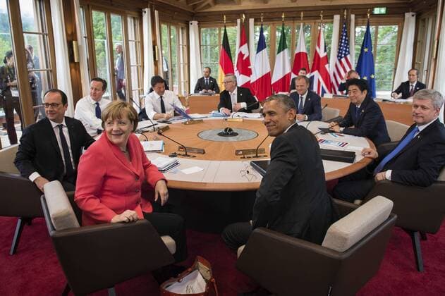 June 8, 2015 - Krun, Germany - World leaders meet during the second day of meetings at the G7 Summit meeting June 8, 2015 in Schloss Elmau, Germany. Sitting (L to R): German Chancellor Angela Merkel, French President Francois Hollande, British Prime Minister David Cameron, Italian Prime Minister Matteo Renzi, European Commission President Jean-Claude Juncker, European Council President Donald Tusk, Japanese Prime Minister Shinzo Abe, Canadian Prime Minister Stephen Harper and United States President Barack Obama. Krun Germany - ZUMAp138