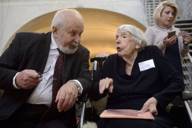 Russian human rights activist and winner of Vaclav Havel Human Rights Prize Lyudmila Alekseyeva (right) speaks with one of the founders of Charter 77 Frantisek Janouch during the conference called The Story of a Refugee: Europe of Dreams and Reality, in Prague, Czech Republic, on September 30, 2015. (CTKxPhoto MichalxKamaryt) CTKPhotoP201509300276901  kmt 6